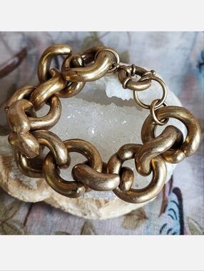 J Crew Chunky BOLD Oxidized Brass Tone Link Bracelet Rapper Lifesaver Clasp